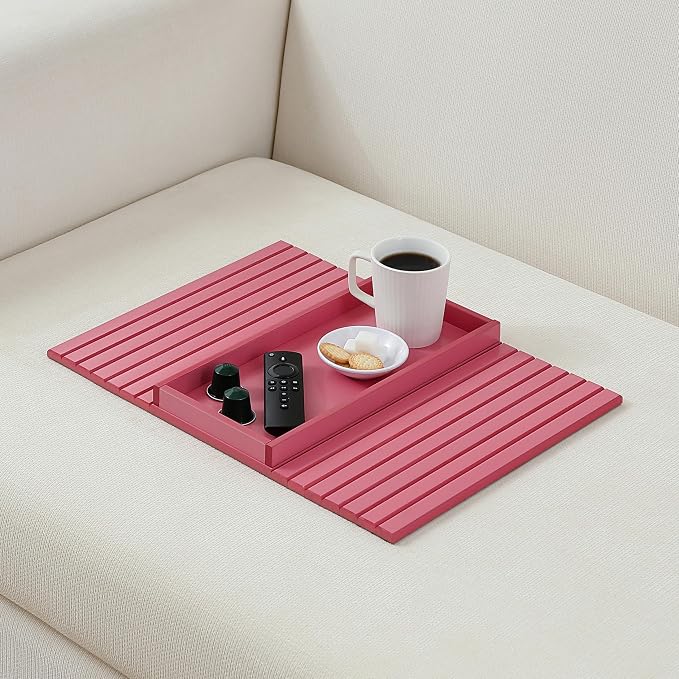 Bamboo Couch Arm Tray Table,Foldable Sofa Armrest Tray Table for Couch,Flexible and Anti-Slip Couch Arm Cup Holder,Portable Sofa Arm Chair Table for Drink,Cups, Eats,Snacks, Phone, Remote (Pink)
