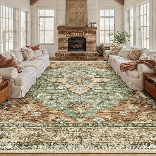 RELEANY Area Rugs Large 10'x14' Washable Non-Slip, Floral Vintage Distress Medallion Carpet for Living Room Bedroom Dining Room, Terracotta Burnt Orange Green