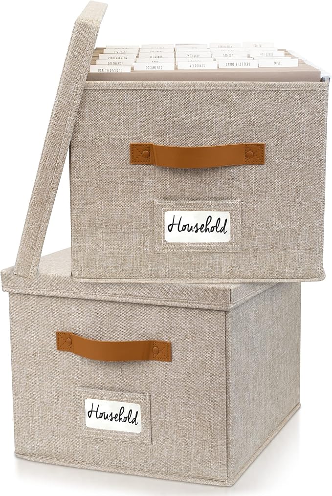 Decorative File Organizer Box Set of 2 - Collapsible Linen Filing Cabinets with Handles Are Perfect to Store All Your Documents & Hanging File Folders - Portable Easy Slide Office Crates with Lid