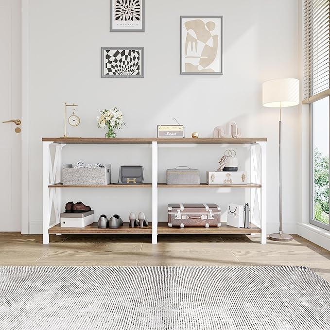 IBF Industrial Console Table, Wood and Metal Entryway Table Farmhouse White and Rustic Oak 3 Tier 63inch