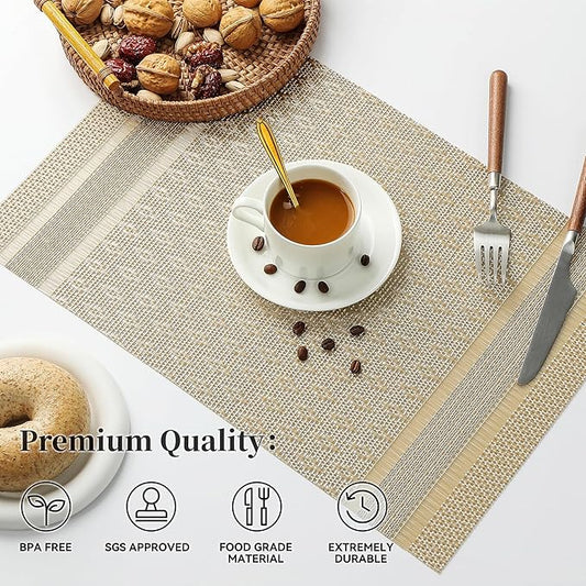 Leetaltree Stardust Yellow Placemats Set of 6 - Heat Resistant Non-Slip Place mats for Dining Table, Washable Durable PVC Vinyl Woven Table Mats(Stardust Yellow, 6)