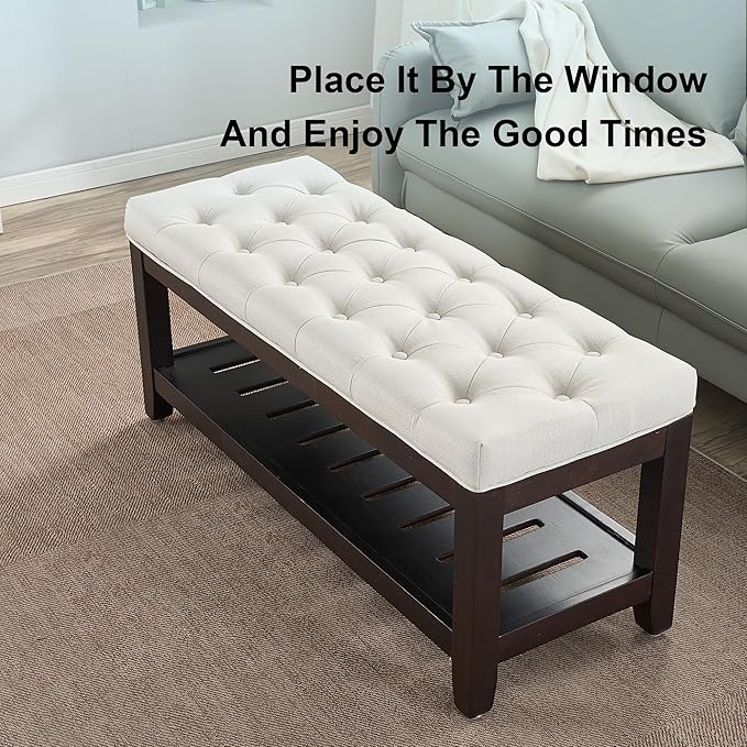 44" Ottoman Bench, Upholstered End of Bed Bench, Oversized Footrest with Wood Shelf torage Storage Bench for Bedroom, Entryway, Living Room, White