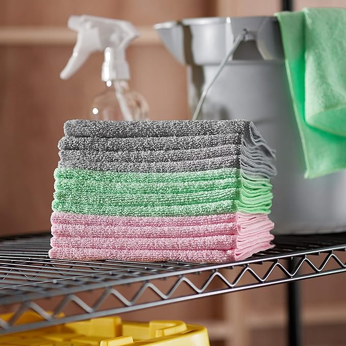 Amazon Basics Microfiber Cleaning Cloths, Ultra Absorbent, Scratch Free, Non-Abrasive, Reusable and Washable, All-Purpose, Car Detailing, 16" x 12", Green/Gray/Pink, 36-Pack