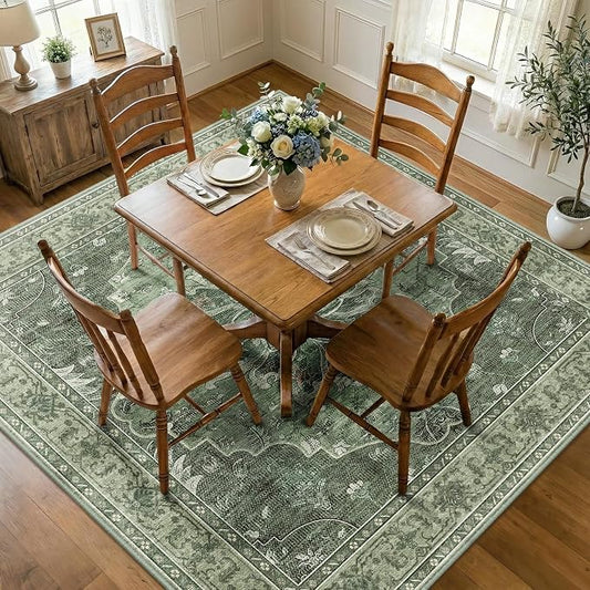 RELEANY Area Rugs Square 8ft Washable Non-Slip, Floral Vintage Distress Medallion Carpet for Living Room Bedroom Dining Room, Dark Green Gray
