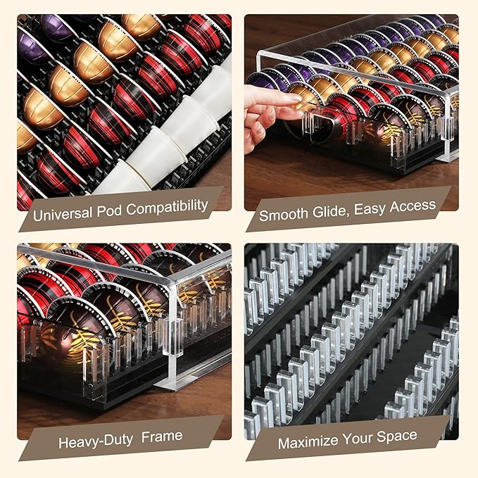 Coffee Pod Drawer Organizer for Nespresso Vertuo Pods,Acrylic Coffee Pod Holder Holds 40 Large or 60 Small Capsules or 28 K-Cups,Pull-Out Drawer with Anti-Slip Base for Home & Office,Matte Black