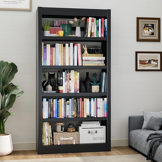 5-Tier Metal Bookshelf, 61" Tall Black Bookcase with Adjustable Shelves, Heavy Duty Deep Book Shelves, Display Storage Shelving for Living Room, Home Office, Library, Bedroom