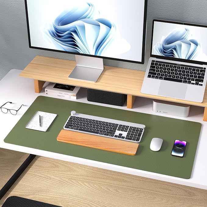 Aothia Leather Desk Pad Protector, Mouse Pad, Office Desk Mat, Non-Slip PU Leather Desk Blotter, Laptop Desk Pad, Waterproof Desk Writing Pad for Office and Home (36" x 17", Olive Green)