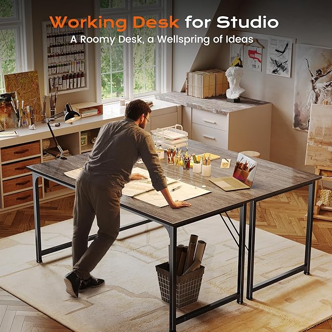 PRAISUN 55 X 24 Inch Computer Desk with Deeper Desktop, Gaming Office Writing Work Desk for Home Office, Study, Bedroom, Work from Home, Metal Frame, Grey