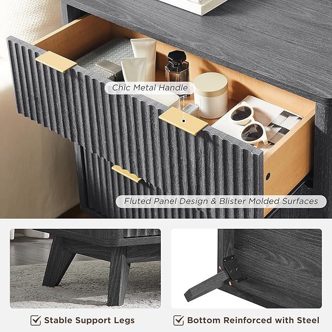 T4TREAM Fluted 3 Drawer Dresser, 32" Tall Modern Chest of Drawers, Curved Profile Design, Wood Drawer Organizer for Bedroom, Living Room, Hallway, Entryway, Dark Alder