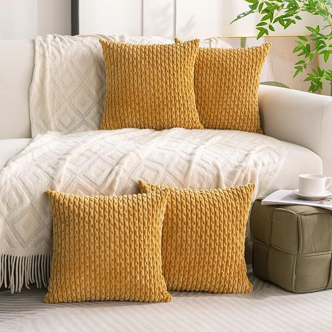 Set of 4 Mustard Yellow Decorative Throw Pillow Covers 26x26 Inch Corduroy Pillow Covers for Bed Couch Sofa Living Room Soft Square Cushion Cases