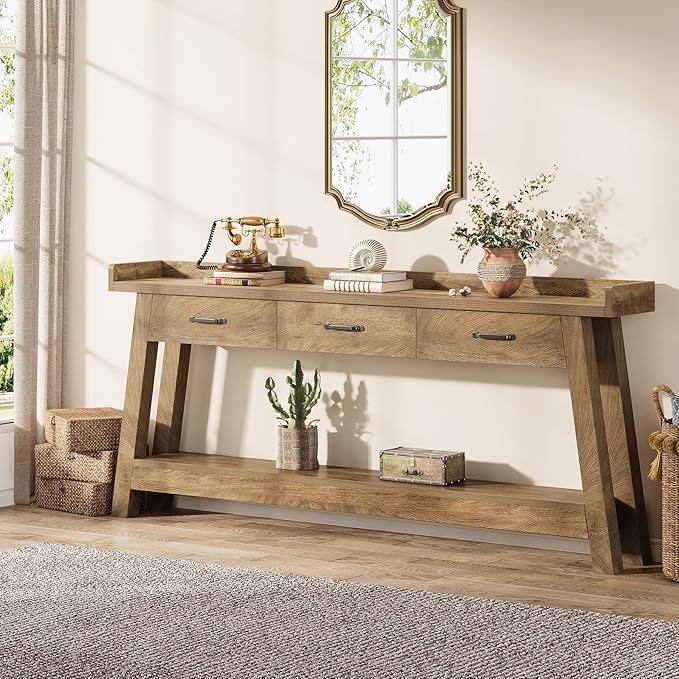 Tribesigns 70.9-Inch Sofa Table with 3 Drawers, 2-Tier Extra Long Farmhouse Console Table with Raised Baffle and Storage Shelves for Living Room, Hallway, Entryway, Entrance, Rustic Brown