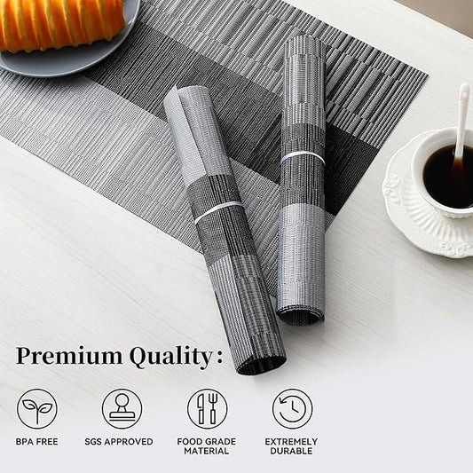 Leetaltree Grey with White Striped Placemats Set of 6 - Heat Resistant Non-Slip Place mats for Dining Table, Washable Durable PVC Vinyl Woven Table Mats(Grey Stripe, 6)