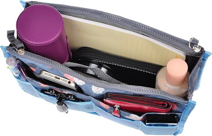 Vercord Purse Organizer Insert for Handbags Bag Organizers Inside Tote Pocketbook Women Nurse Nylon 13 Pockets Blue Flower Medium