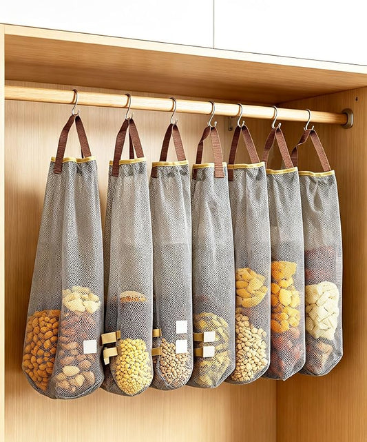 Ahyuan Hanging Mesh Storage Bags 5 Pack Onion Garlic Potatoes Net Mesh Bag Long and Large Reusable Net Produce Bags for Fruit Veggies Garbage Bag for Home RV Camper (Gray)