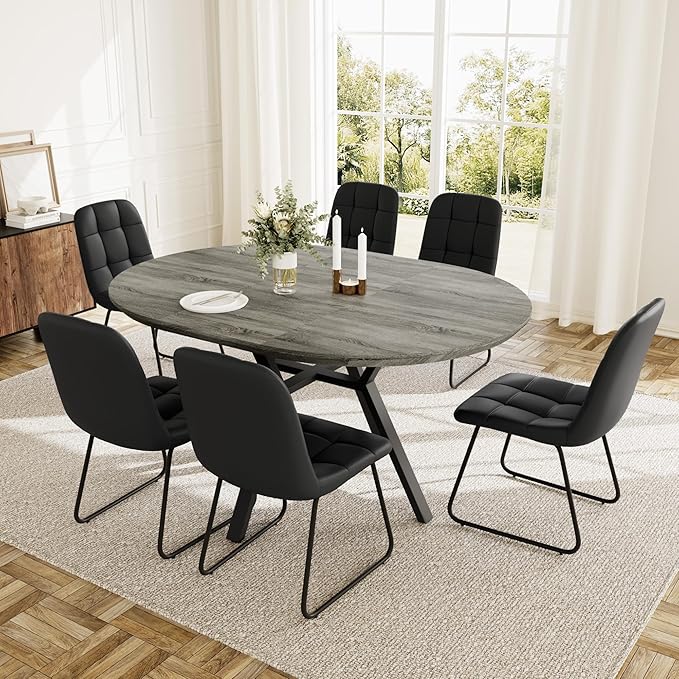 Extendable Round Dining Table Set for 6 People, 43.3"-59.1" Extendable Kitchen Table with 6 Upholstered Chairs, Space Saving for Kitchen Dining Room (Grey Table+6 U-Shaped Black Chairs)