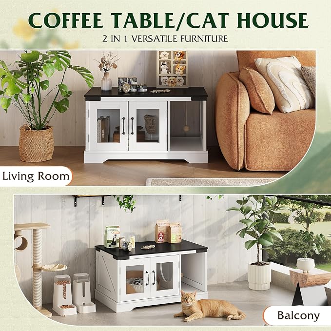 WLIVE Coffee Table with Storage, 2-in-1 Modern Center Table Cat House Furniture with Cat Teaser for Living Room, Home, Black
