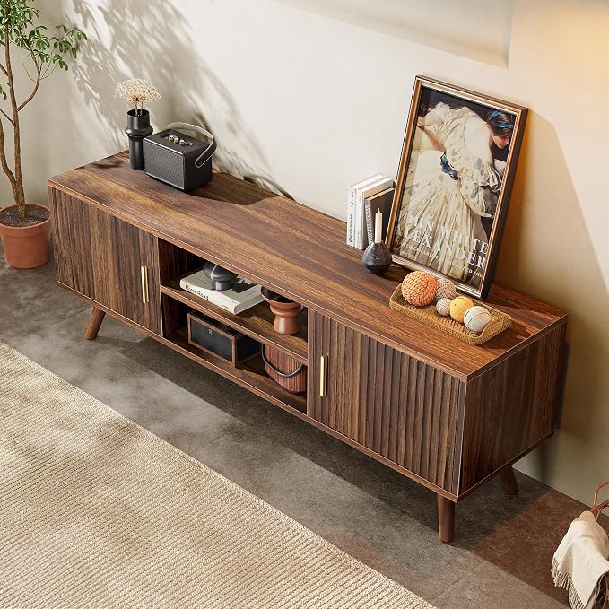 SUPERJARE TV Stand for 55 Inch TV, Entertainment Center with Adjustable Shelf, 2 Cabinets, TV Console Table, Media Console, Solid Wood Feet, Cord Holes, for Living Room, Bedroom, Walnut