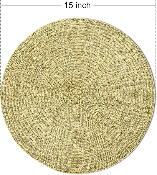 FunWheat Round Braided Placemats Set of 6 Table Mats for Dining Tables Woven Washable Non-Slip Place mats 15 inch(Shining Gold, 6pcs)