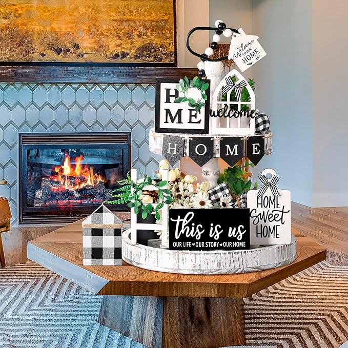 Set of 11 Home Tiered Tray Decor This is us Rustic Farmhouse Tiered Tray Decorations Set Home Wooden Signs Vintage Farm Animal Farmhouse Tabletop Wood Signs for Kitchen Table Shelf Decor