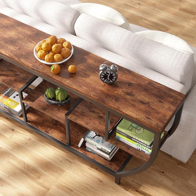 70.86" Extra Long Console Table Sofa Table & Storage Shelves Entryway Table Industrial TV Stand, Metal Frame Behind Couch Table for Foyer, Hallway, Entrance (Brown)