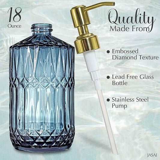 JASAI 18Oz Blue Glass Soap Dispenser with Golden Pump, Refillable Bathroom soap Dispenser with Thick Glass, Clear Kitchen Soap Dispenser for Dish Soap, Hand soap, Lotion.(Blue)