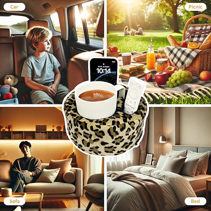 Xchouxer Couch Cup Holder Pillow, Sofa and Bed Organizer Caddy for Drinks, Remotes, Phones (Leopard)