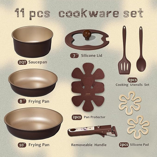 CAROTE 11pcs Ceramic Cookware Set, Pots and Pans Set Non stick, Induction Kitchen Cookware with Removable Handle, RV Dishwasher & Oven Safe, RV/Camping Cookware, PFOA Free, Brown