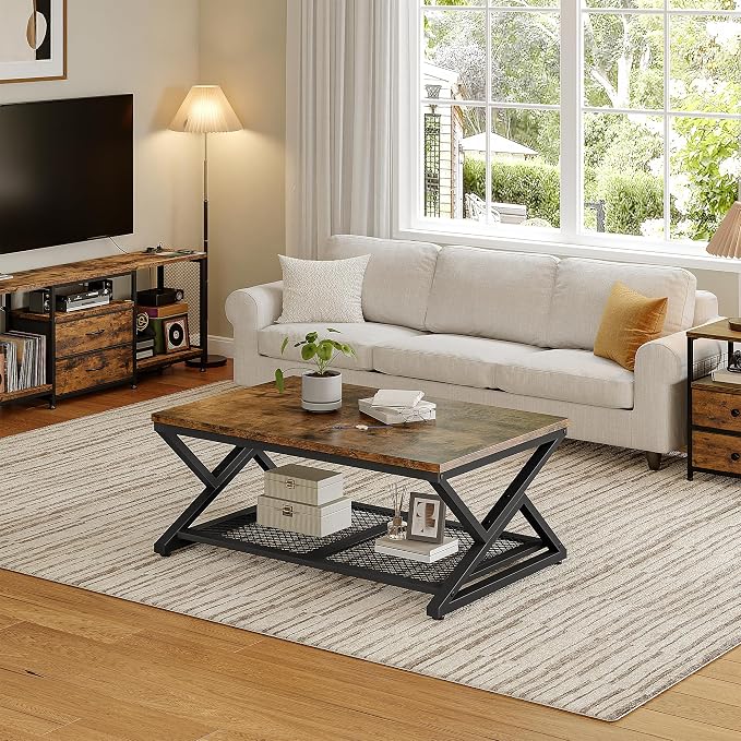 EnHomee Rustic Coffee Table with Storage, Farmhouse Coffee Table with Mesh Shelf, 2 Tier Rectangular Center Table for Living Room, Home Office, 39.4 Inch, Rustic Brown