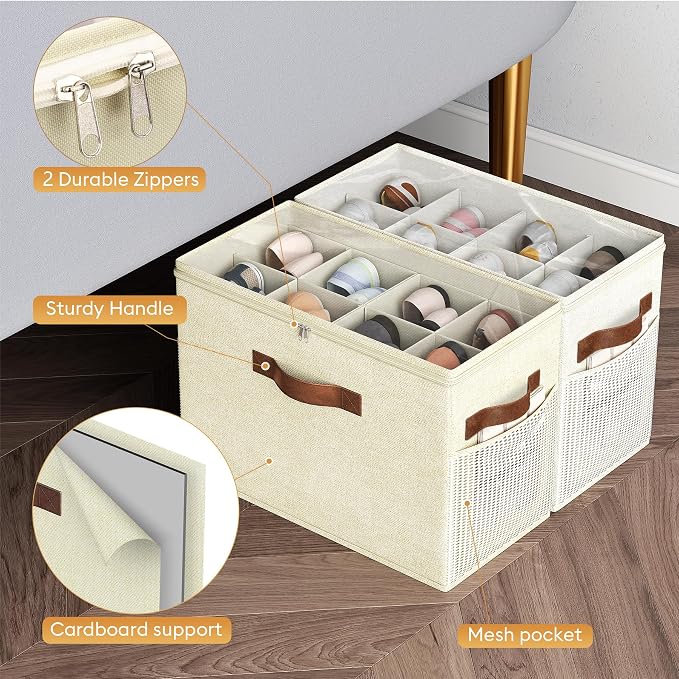 Budding Joy 2 Pack Shoe Organizer for Closet, Clear Foldable Shoe Storage Containers Adjustable Dividers Fits 16 Pairs,Shoe Storage Bins Baskets Boxes with Reinforced Handles Beige Yellow Beige