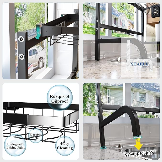 SAYZH Over the Sink Dish Drying Rack, Adjustable (25.5 to 33.5 inch) 2 Tier Metal Steel Dish Drying Racks for Kitchen Counter with Hooks Paper Towel Utensil Cup Holder Sink Caddy (Black)