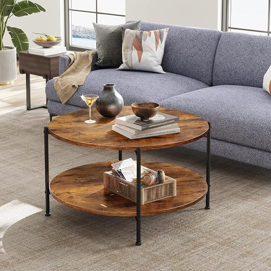 WLIVE Round Coffee Table, 32.6" Small Coffee Table with Storage Shelf, 2-Tier Circle Wood Center Table for Living Room, Apartment, Rustic Brown