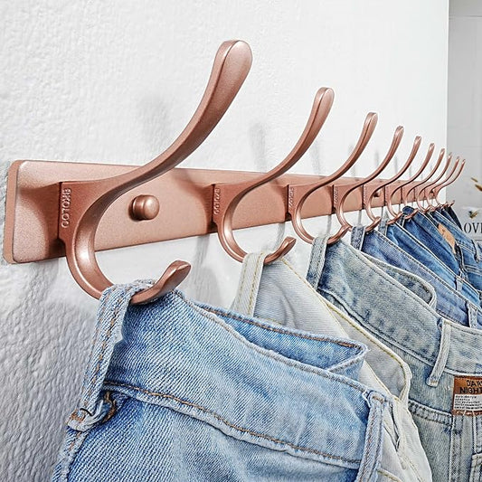 SKOLOO Wall Mounted Coat Rack - 10 Hooks, Pack of 2, Heavy Duty, Stainless Steel, Metal Wall Hanger, Sturdy Coat Hooks for Hanging Coats, Jackets, Clothes, Hats - Matte Rose Gold
