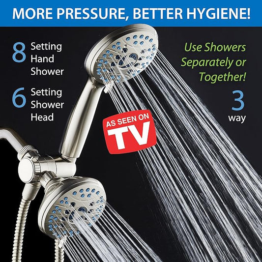 Hotel Spa AquaCare As-Seen-On-TV High Pressure 48-setting Rain & Handheld 3-way Shower Head Combo - Anti-clog Nozzles/Tub, Tile & Pet Power Wash/Extra Long 6 ft. Hose/Satin Nickel Finish