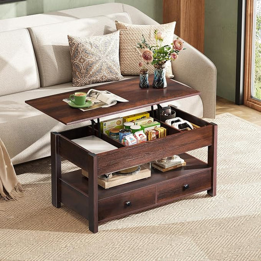WLIVE Coffee Table, Lift Top Coffee Table with 2 Drawers, Large Hidden Compartment and Open Storage Shelf, Lift Tabletop, Dining Table for Living Room, Espresso