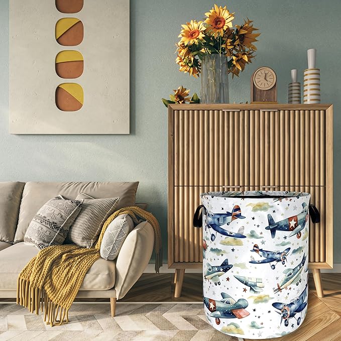 Watercolor Plane Laundry Basket Foldable Cartoon Laundry Hamper Oxford Cloth Plane Printed Colorful Tote Bag Clothes Toy Storage Bucket For Bathroom/Laundry Storage/Bedroom 18.9x16.5 Inch