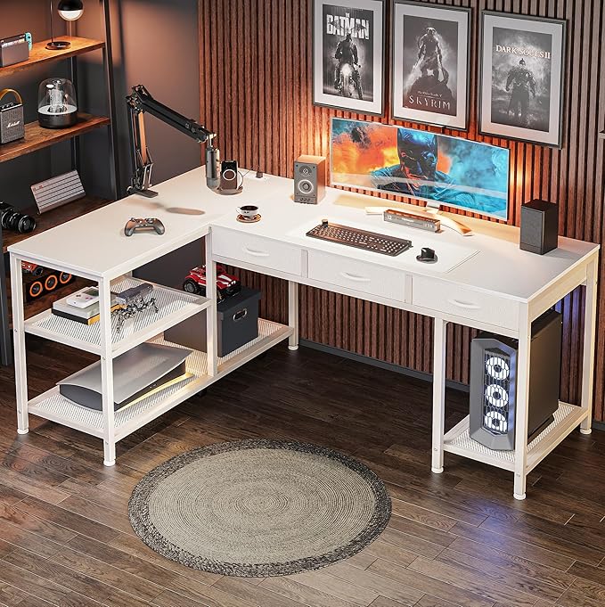 PRAISUN 55 Inch L Shaped Office Desk with Power Outlets and Type-C Port, Large Computer Gaming Desk with 3 Fabric Drawers, Mesh Shelves, Corner Study Work Writing Desk, White