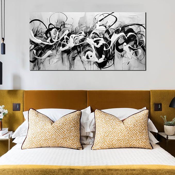 Abstract Canvas Wall Art for Living Room Bedroom Office Black and White Wall Art Abstract Line Picture Framed Wall Decor Modern Canvas Prints 24x48 In
