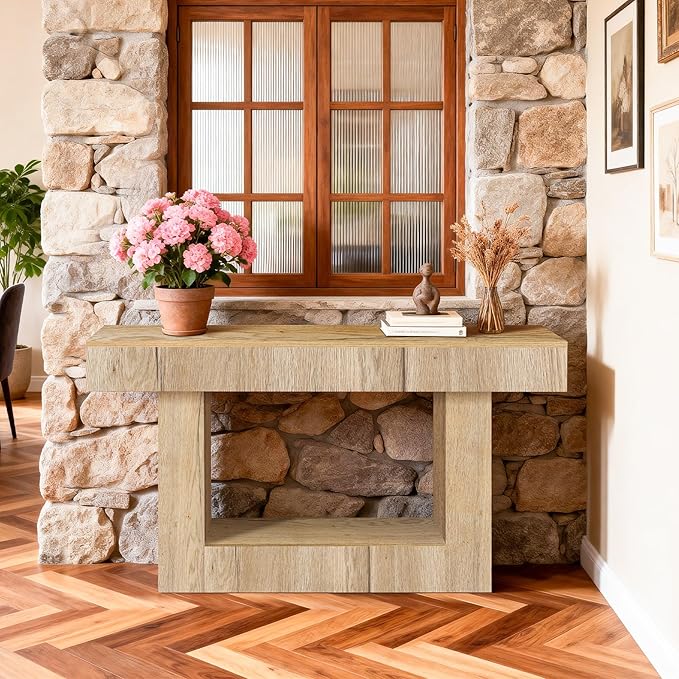 63 Inch Long Entryway Table U-Shaped Extension, Wooden Console Table with Socket Farmhouse Sofa Table for Entrance, Hallway, Living Room,Behind Couch((Natural Brown)
