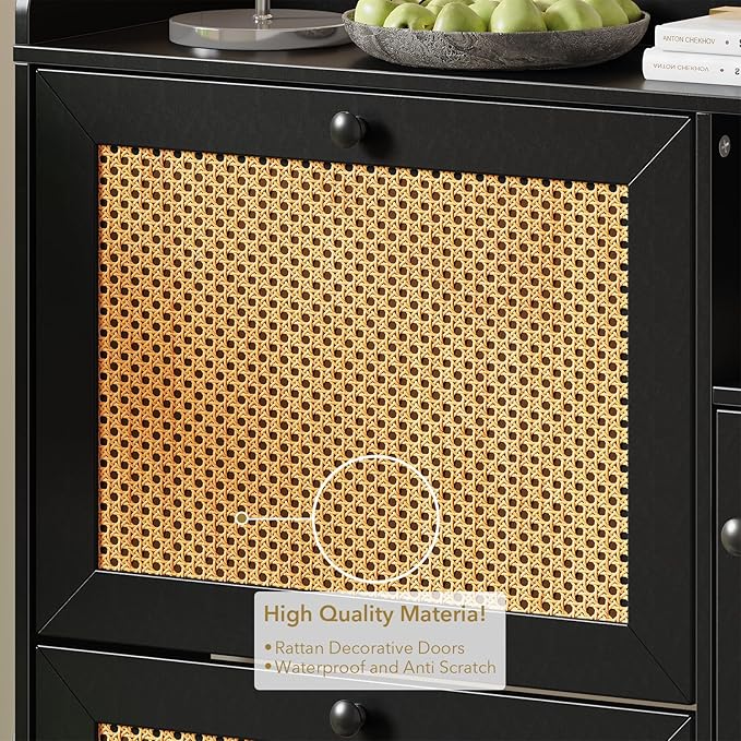Rattan Wooden Shoe Cabinet, Freestanding 3-Flip Drawer Shoe Storage Organizer, Side Cabinet & Top Fence, Easy Assembly Shoe Rack for Entryway Hallway Living Room,Black