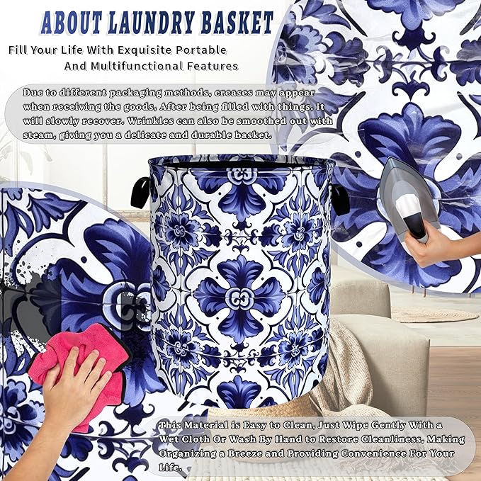 Blue and White Mexican Tile Laundry Basket Oxford Cloth Foldable Boho Laundry Hamper With Handle Portable Clothes Storage Organizer Basket 18.9x16.5 Inch Laundry Bag For Laundry Room/Bedroom/Bathroom