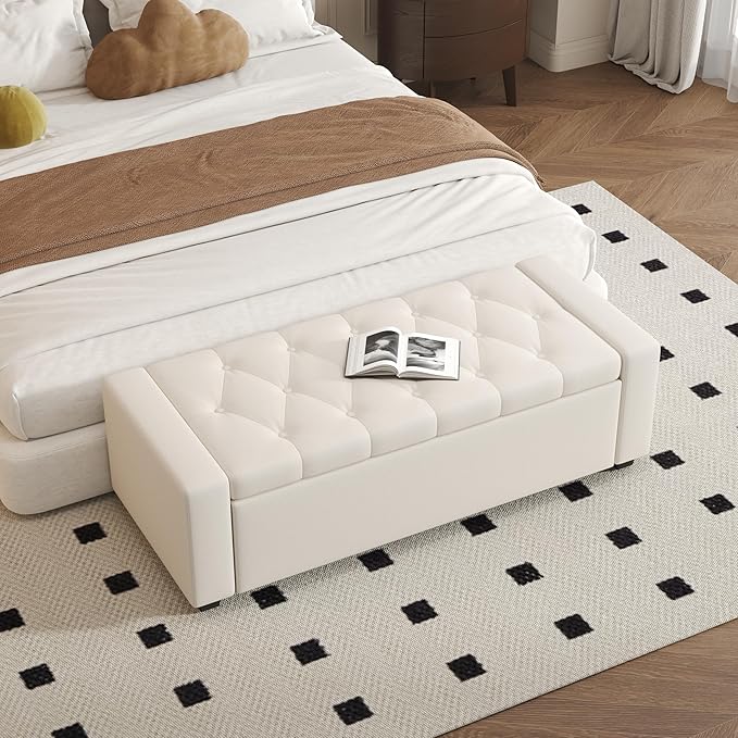 Ottoman with Storage Bench,Large Storage Ottoman Entryway Benches Ottoman Bench with Cushion and Safety Hinge