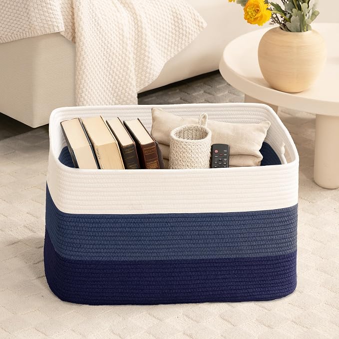 45L Small Laundry Basket with Leather Handles for Living Room Storage, Woven Rope Baskets Bin for Blanket, Kids Toy, Gifts, Wicker Hamper for Bedroom Dirty Clothes, 18"x14"x11" Gradient Blue