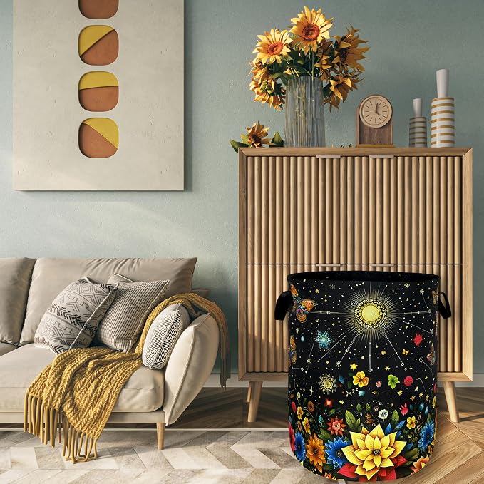 Colorful Flowers Butterfly Laundry Basket Moon Floral Laundry Hamper Foldable Oxford Cloth Beautiful Flower Tote Bag Clothes Toy Storage Bucket For Bathroom/Laundry Storage/Bedroom 18.9 x 16.5 Inch