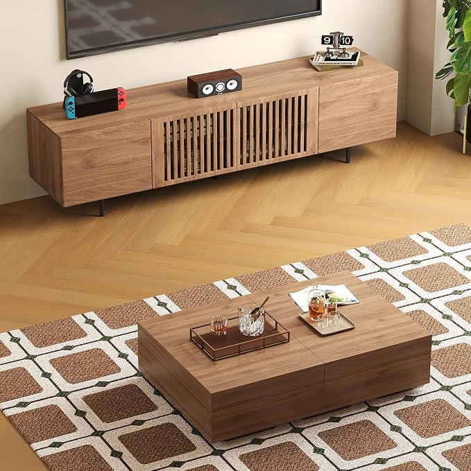 Mid-Century Modern Expandable Coffee Table & TV Stand Set, Walnut Finish – Elegant Storage Combo for Living Room, Bedroom, or Lounge (70.87" TV Stand+Coffee Table)