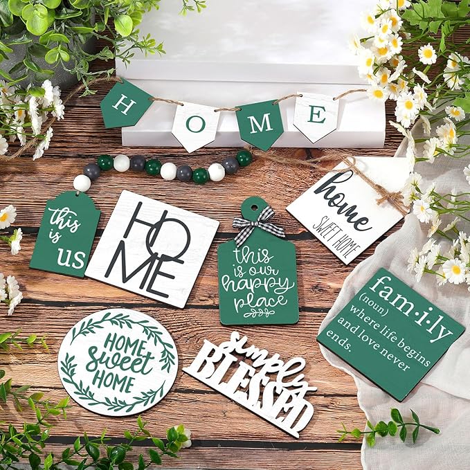 11 Pcs Home Tiered Tray Decor Spring Ustic Farmhouse Tiered Tray Decorations Set Home Wooden Signs Vintage Farm Animal Farmhouse Tabletop Wood Signs for Kitchen Table Shelf Decor