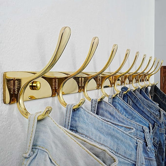 SKOLOO Wall Mounted Coat Rack - 10 Hooks, Heavy Duty, Stainless Steel, Metal Wall Hangers, Sturdy Coat Hooks for Hanging Coats, Jacket, Clothes, Hat, Bright Gold