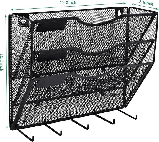 EASEPRES 3 Pocket Mesh Hanging File Organizer with Key Holder Hooks & Nametag Label, Wall Mounted Mail Paper Document Folder Clipboard Storage Organization Magazine Rack for Office Cubicle, Black