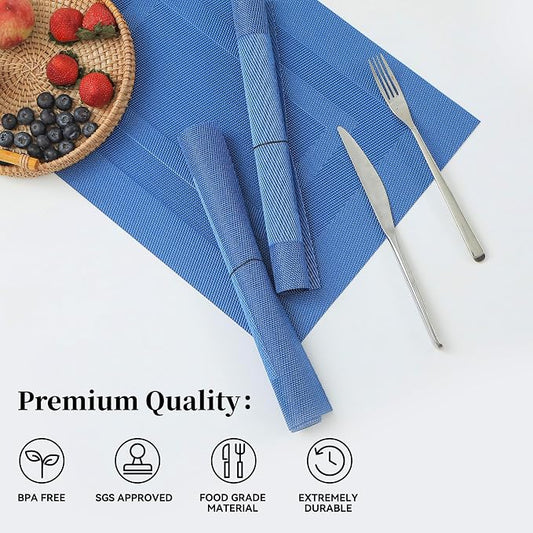 Leetaltree Blue Frame Placemats Set of 6 - Heat Resistant Non-Slip Place mats for Dining Table, Washable Durable PVC Vinyl Woven Table Mats(Blue Frame, 6)
