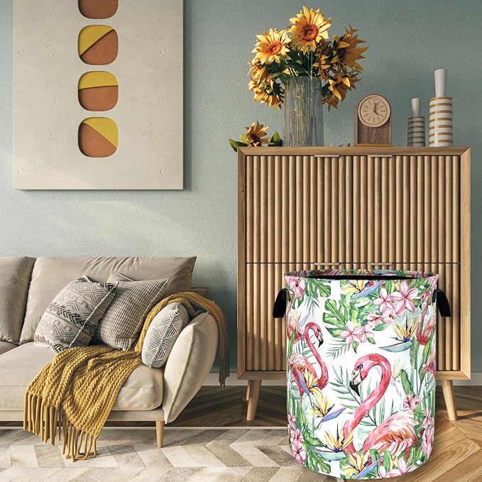 Pink Flamingo Laundry Basket Tropical Leaves Pink Floral Hamper Foldable Oxford Cloth Birds Colorful Tote Bag Clothes Toy Storage Bucket For Bathroom/Laundry Storage/Bedroom 18.9 x 16.5 Inch