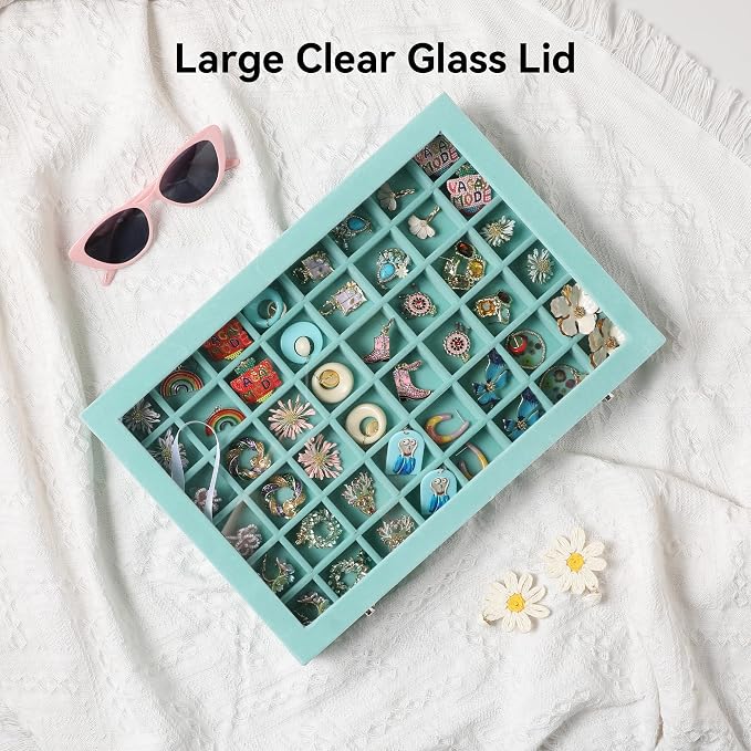 Frebeauty 48 Grid Jewelry Tray,Adjustable Earring Holder Organizer with Glass Lid,Velvet Drawer Jewelry Organizer for Rings,Studs,13.8 x 9.5 x 2 Inches Jewelry Display Box,Gift for Women(Turquoise)